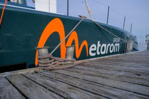 Baptème du bateau Metarom MG5 de Marc Guillemot, par son parrain Antoine de Caunes, à la trinité sur mer en Bretagne.