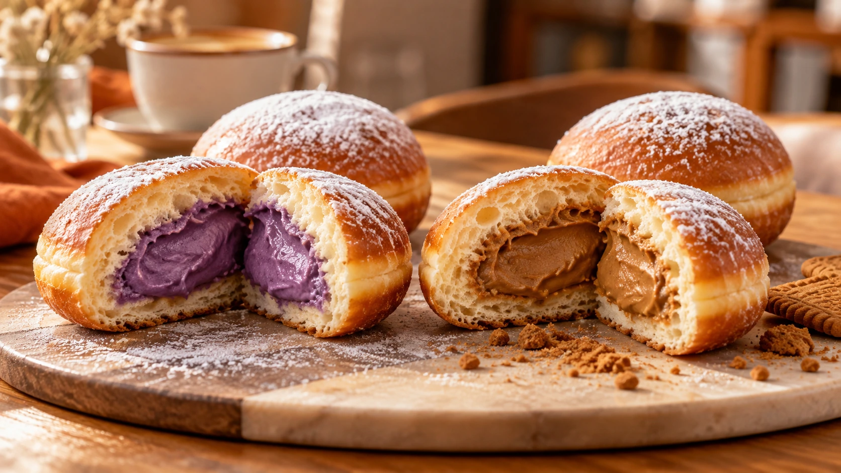Beignets coupés montrant leurs fourrages à l’ube violet et au spéculoos.