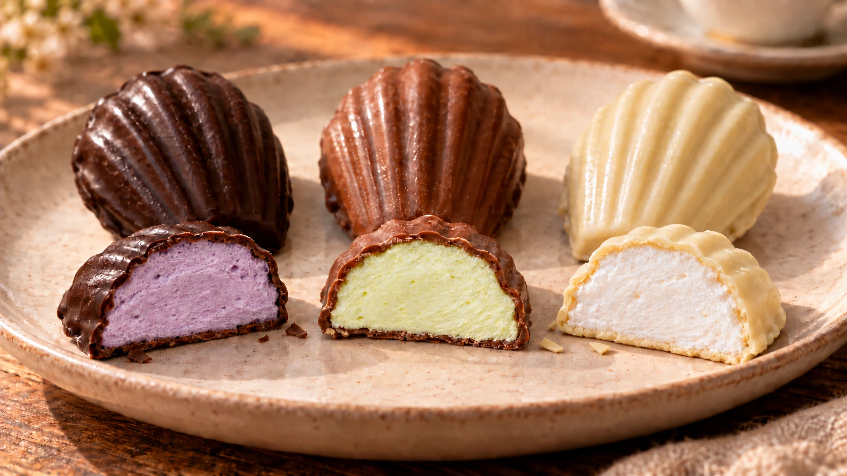 Trois guimauves trompe-l’œil : myrtille sous chocolat noir, yuzu sous chocolat au lait et marshmallow sous chocolat blanc.